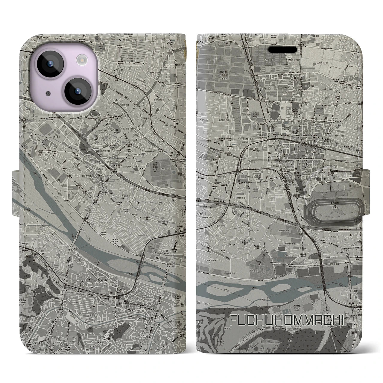 【府中本町(東京都)】地図柄iPhoneケース(手帳タイプ)モノトーン・iPhone 14 用