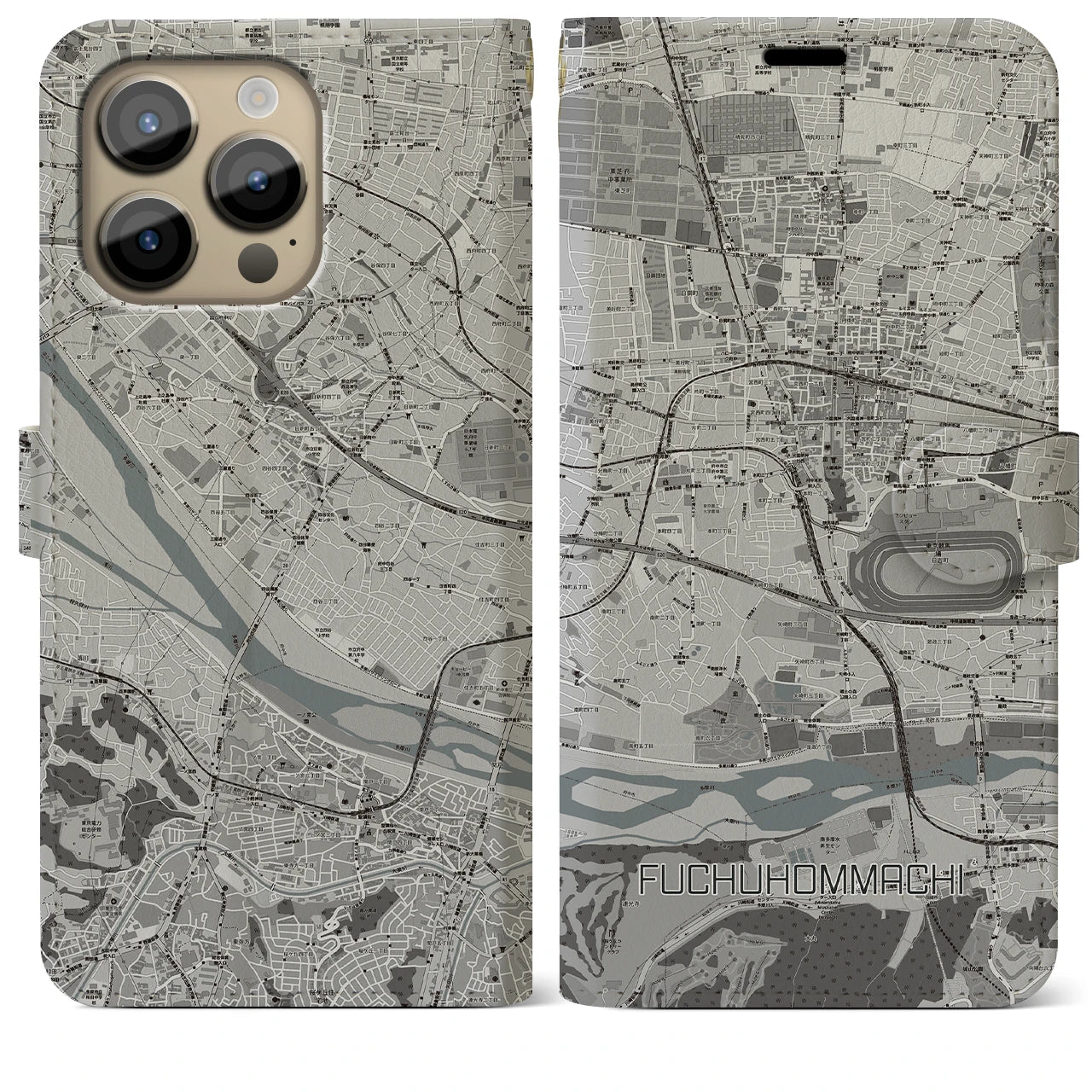 【府中本町(東京都)】地図柄iPhoneケース(手帳タイプ)モノトーン・iPhone 14 Pro Max 用