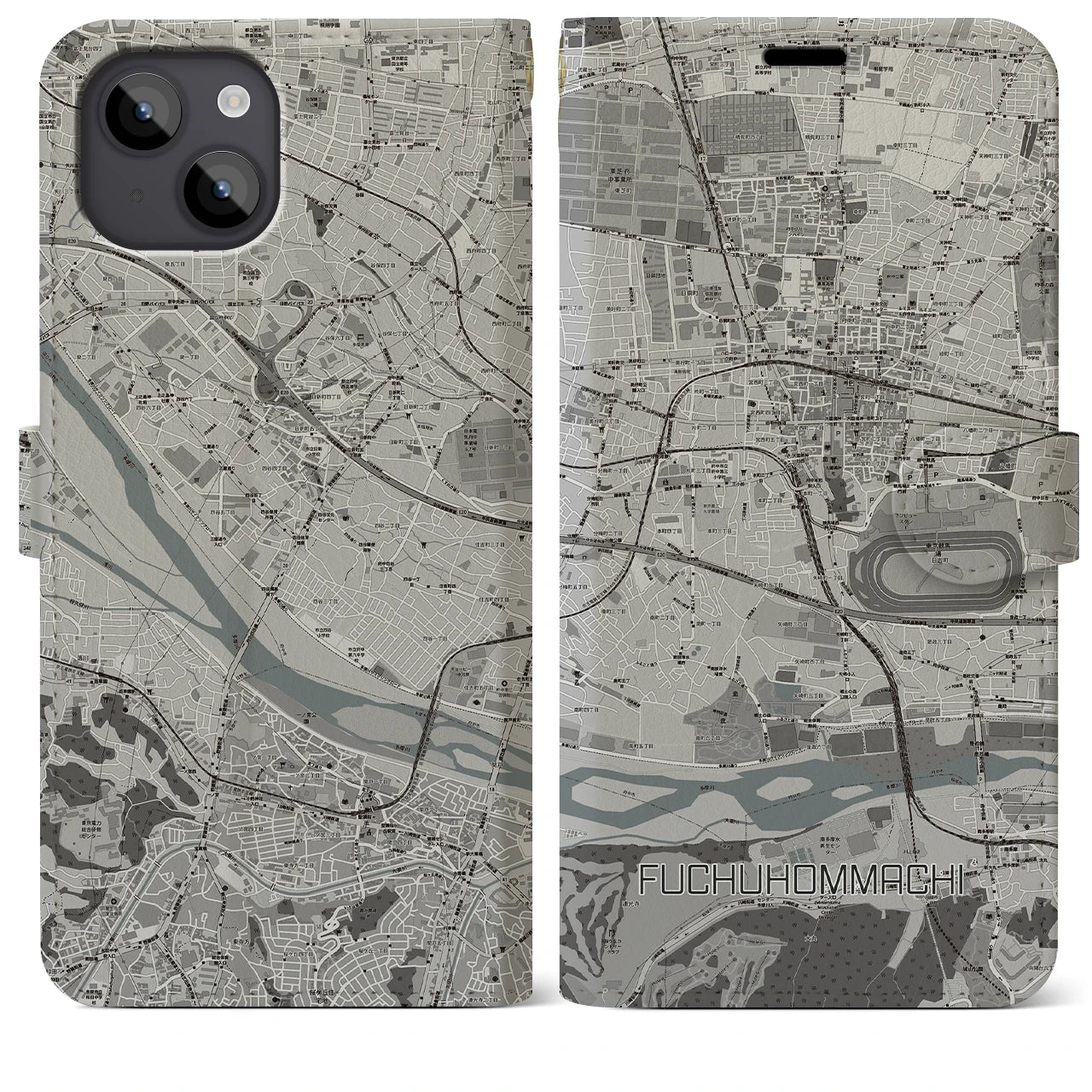 【府中本町(東京都)】地図柄iPhoneケース(手帳タイプ)モノトーン・iPhone 14 Plus 用