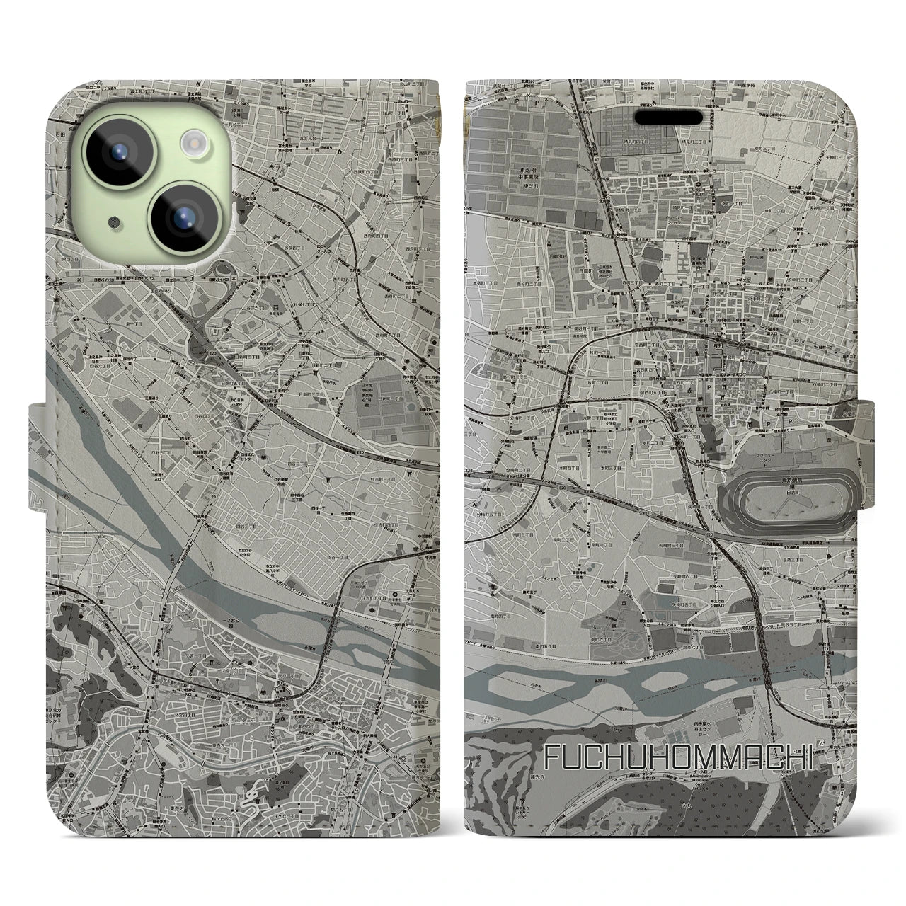 【府中本町(東京都)】地図柄iPhoneケース(手帳タイプ)モノトーン・iPhone 15 用
