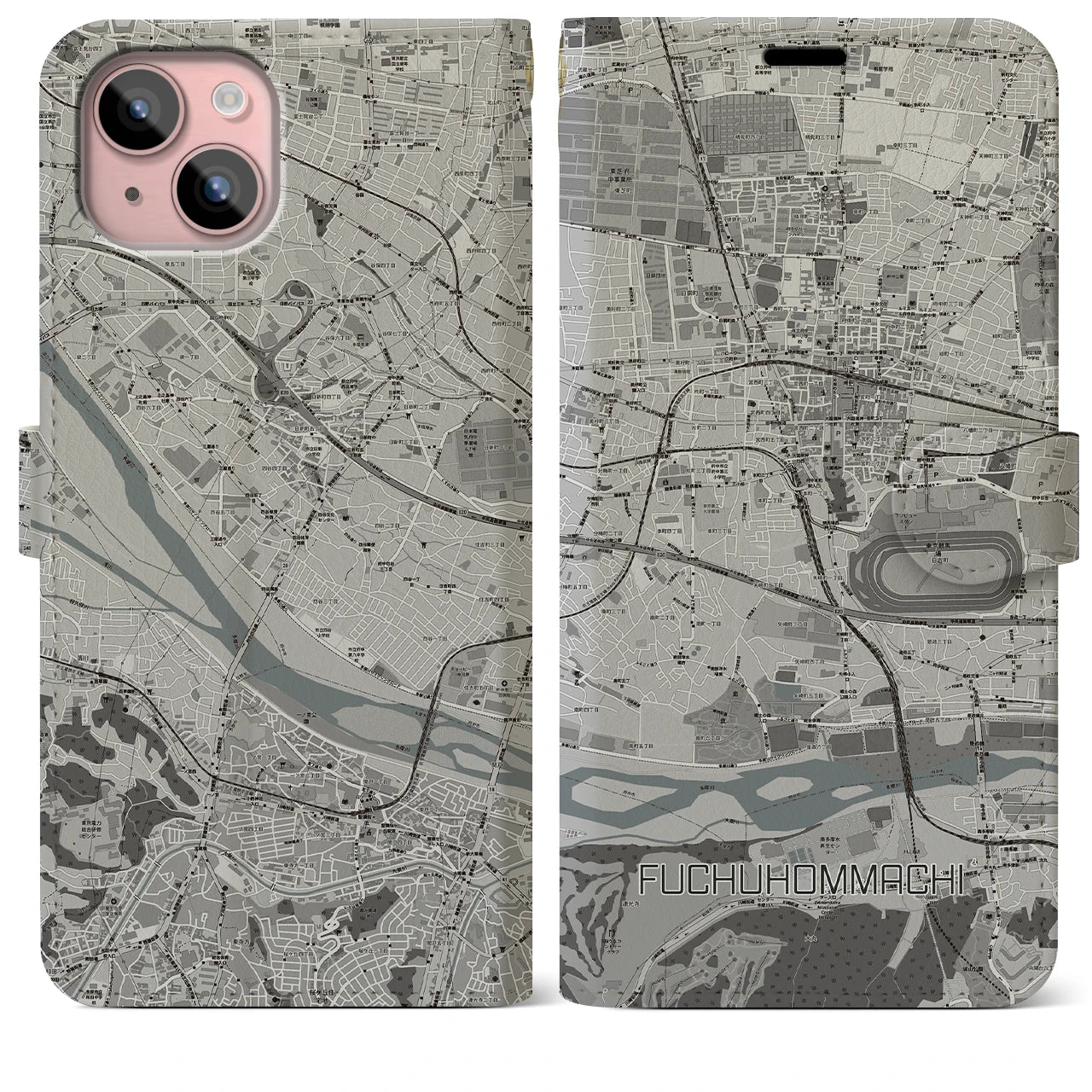 【府中本町(東京都)】地図柄iPhoneケース(手帳タイプ)モノトーン・iPhone 15 Plus 用