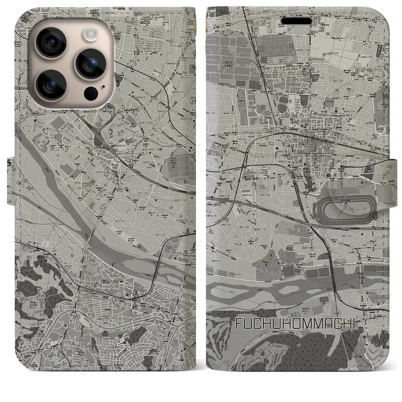【府中本町(東京都)】地図柄iPhoneケース(手帳タイプ)モノトーン・iPhone 16 Plus 用