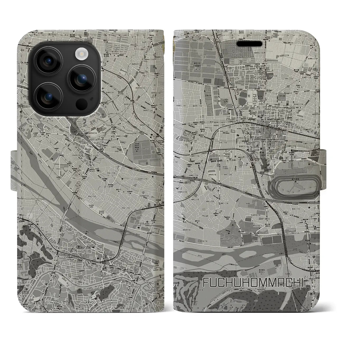 【府中本町(東京都)】地図柄iPhoneケース(手帳タイプ)モノトーン・iPhone 16 用