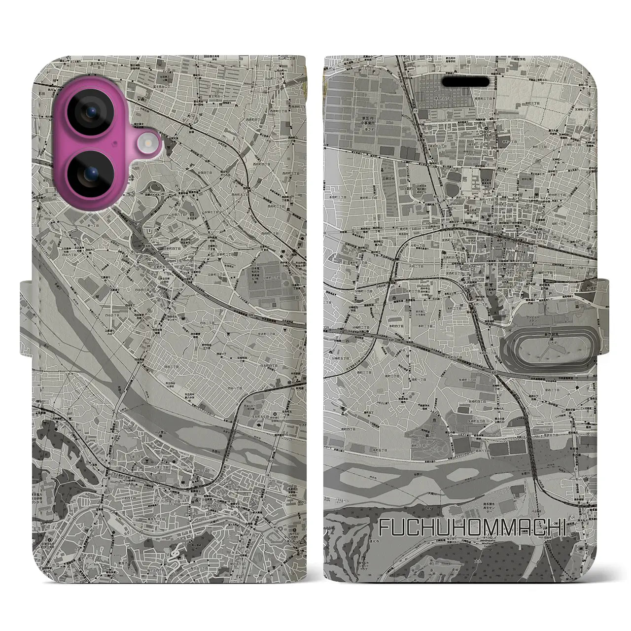 【府中本町(東京都)】地図柄iPhoneケース(手帳タイプ)モノトーン・iPhone 16 Pro 用