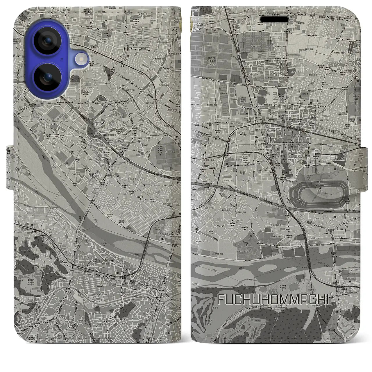 【府中本町(東京都)】地図柄iPhoneケース(手帳タイプ)モノトーン・iPhone 16 Pro Max 用