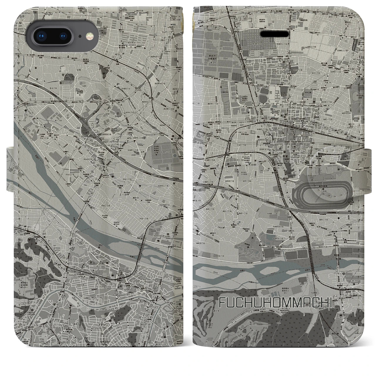 【府中本町(東京都)】地図柄iPhoneケース(手帳タイプ)モノトーン・iPhone 8Plus /7Plus / 6sPlus / 6Plus 用
