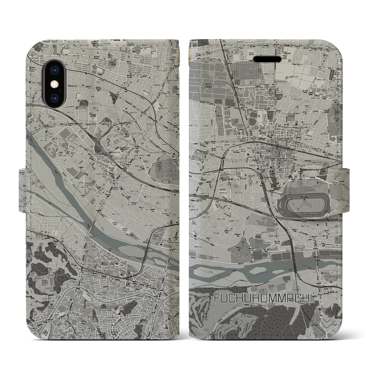 【府中本町(東京都)】地図柄iPhoneケース(手帳タイプ)モノトーン・iPhone XS / X 用