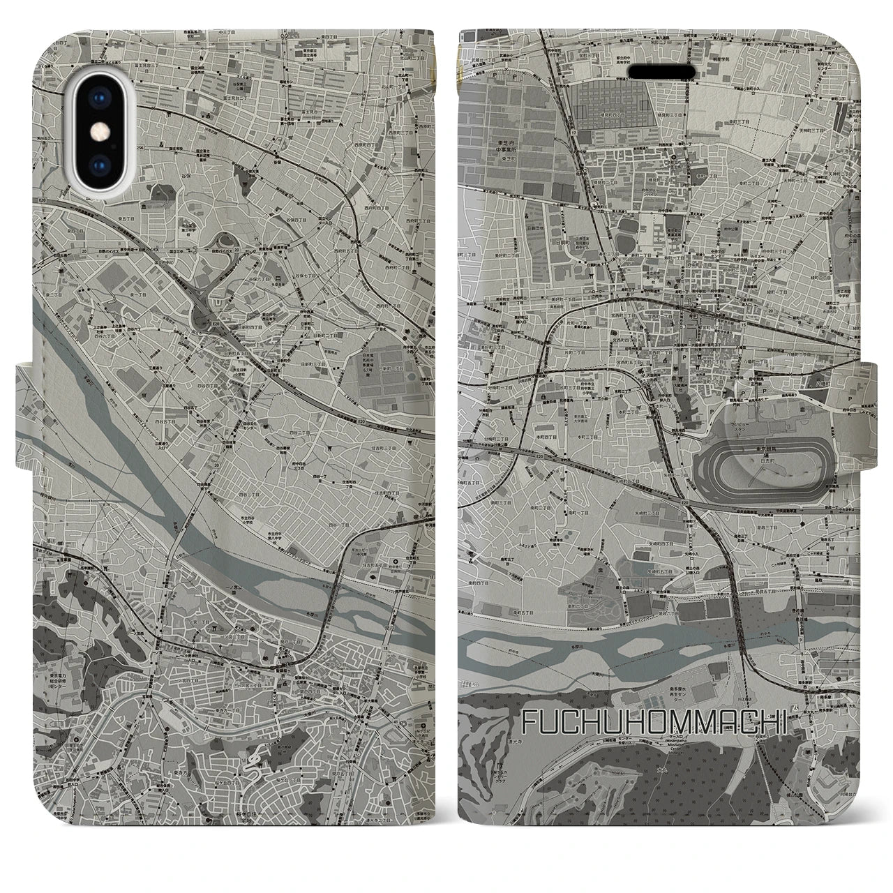 【府中本町(東京都)】地図柄iPhoneケース(手帳タイプ)モノトーン・iPhone XS Max 用