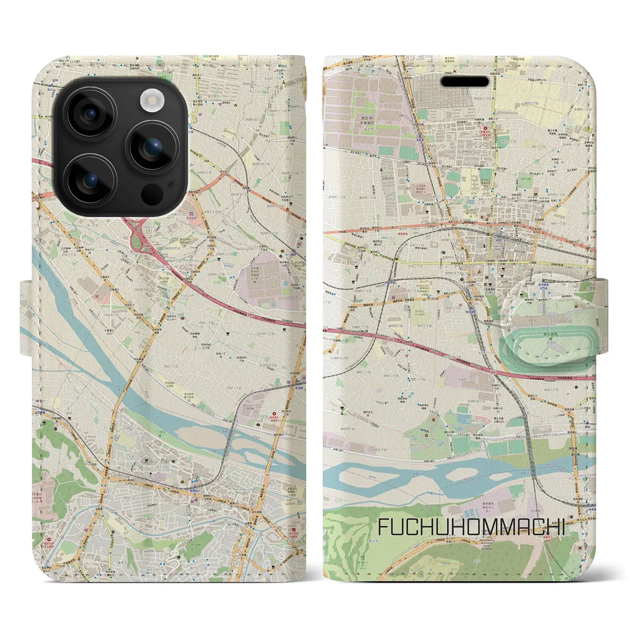 【府中本町(東京都)】地図柄iPhoneケース(手帳タイプ)ナチュラル・iPhone 16 用