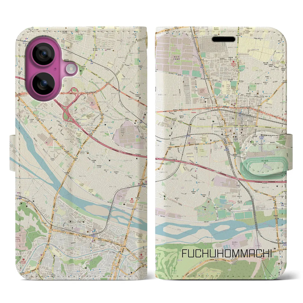 【府中本町(東京都)】地図柄iPhoneケース(手帳タイプ)ナチュラル・iPhone 16 Pro 用