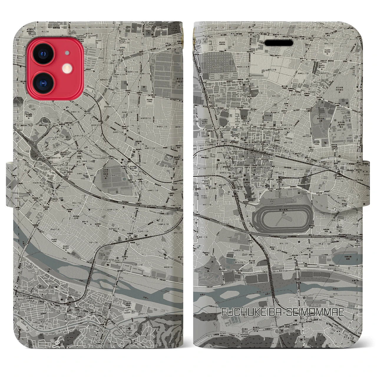 【府中競馬正門前(東京都)】地図柄iPhoneケース(手帳タイプ)モノトーン・iPhone 11 用