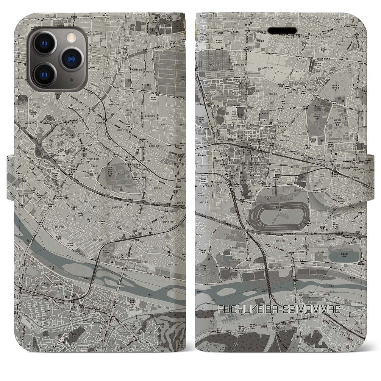 【府中競馬正門前(東京都)】地図柄iPhoneケース(手帳タイプ)モノトーン・iPhone 11 Pro Max 用