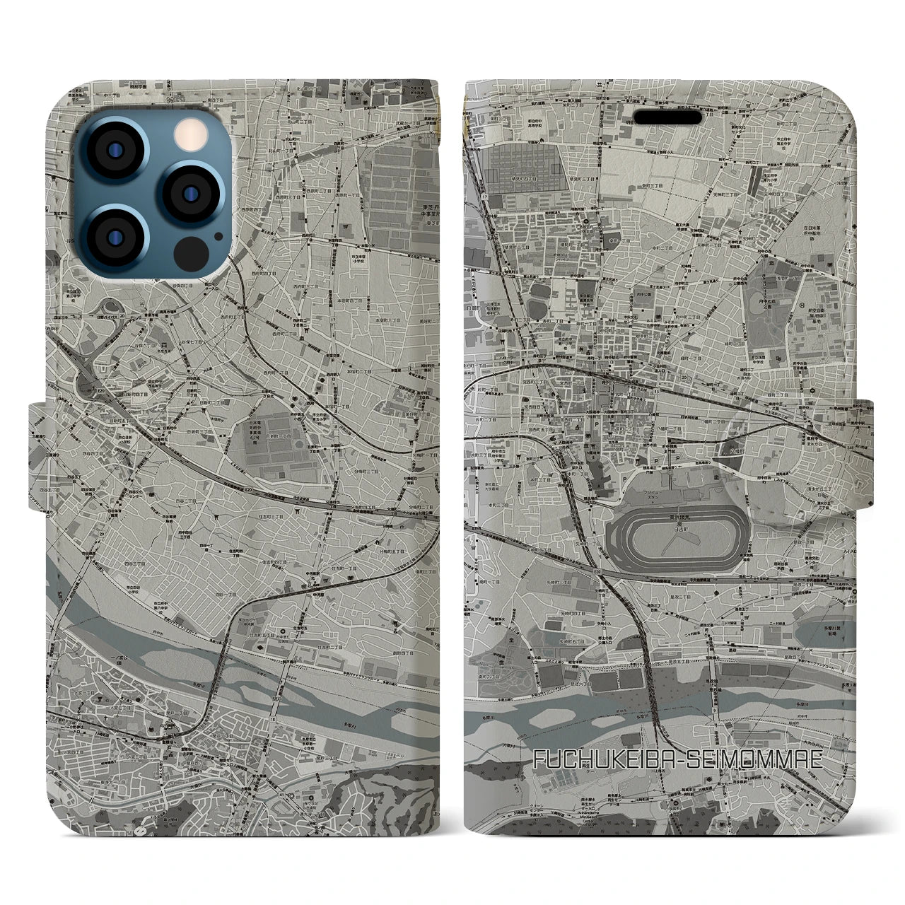 【府中競馬正門前(東京都)】地図柄iPhoneケース(手帳タイプ)モノトーン・iPhone 12 / 12 Pro 用