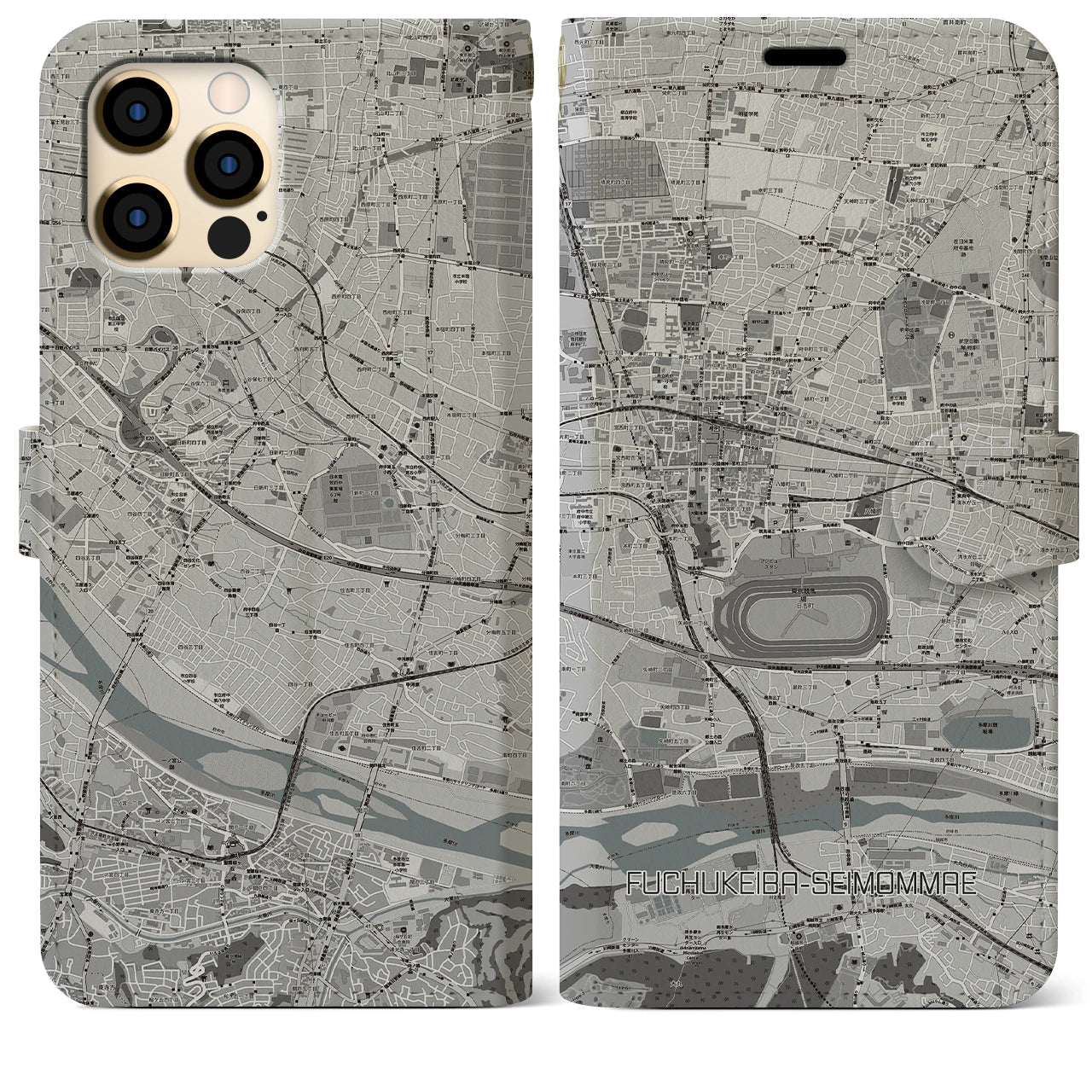 【府中競馬正門前(東京都)】地図柄iPhoneケース(手帳タイプ)モノトーン・iPhone 12 Pro Max 用