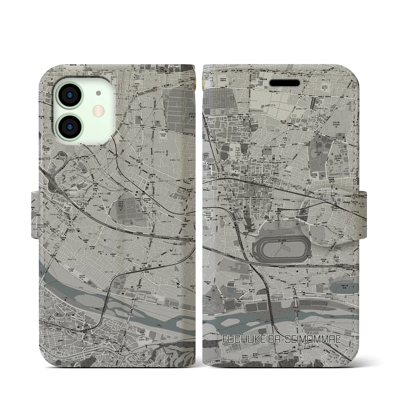 【府中競馬正門前(東京都)】地図柄iPhoneケース(手帳タイプ)モノトーン・iPhone 12 mini 用