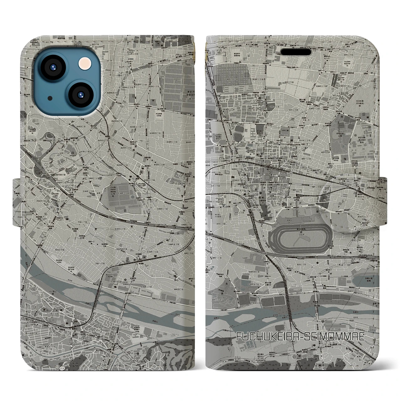【府中競馬正門前(東京都)】地図柄iPhoneケース(手帳タイプ)モノトーン・iPhone 13 用