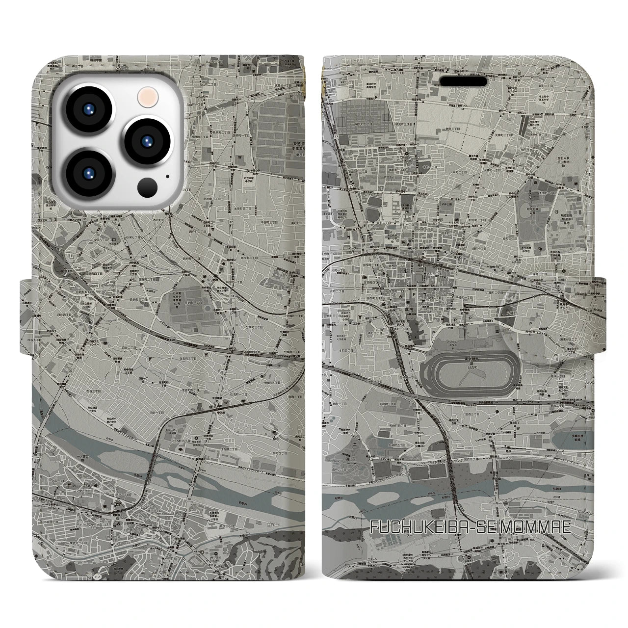【府中競馬正門前(東京都)】地図柄iPhoneケース(手帳タイプ)モノトーン・iPhone 13 Pro 用