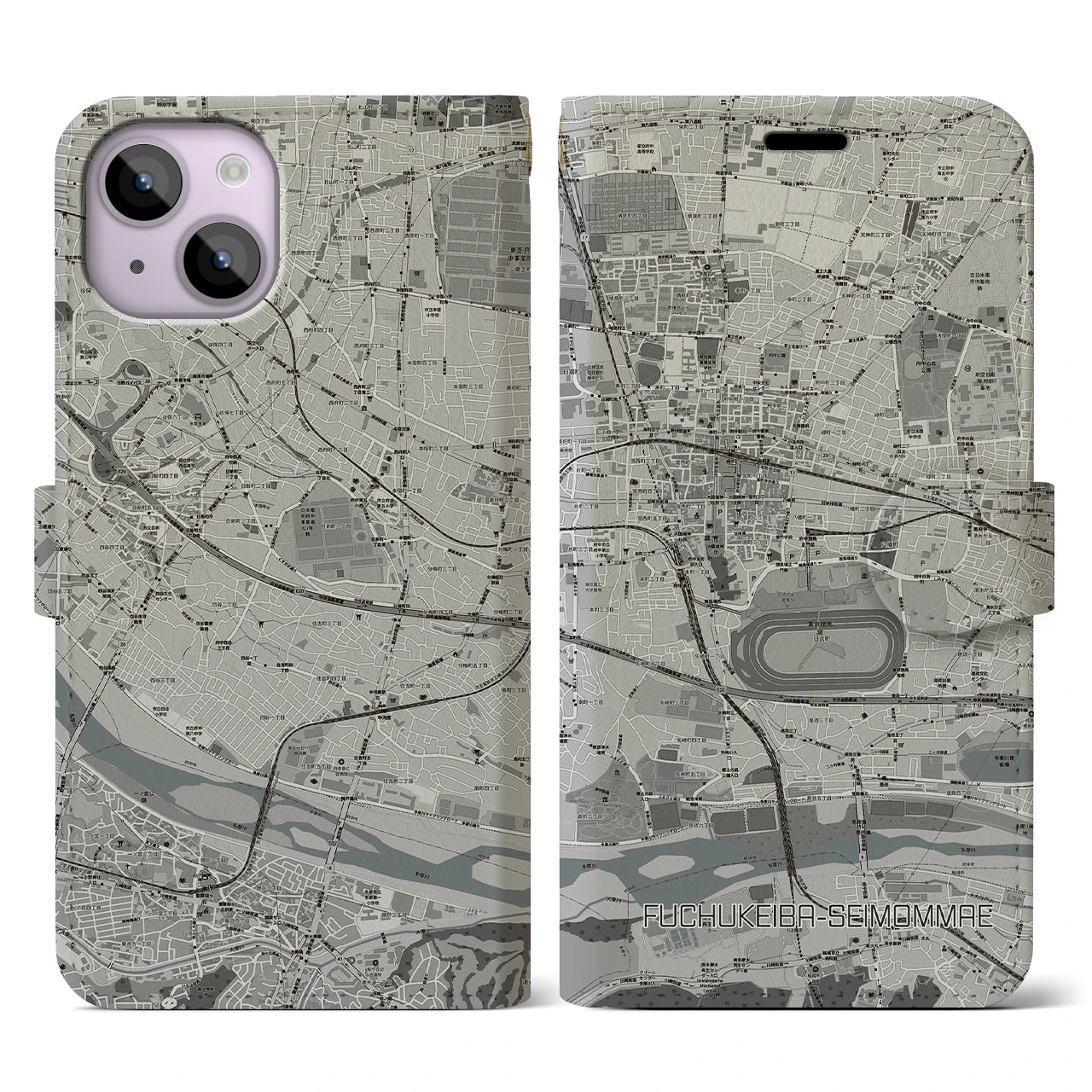 【府中競馬正門前(東京都)】地図柄iPhoneケース(手帳タイプ)モノトーン・iPhone 14 用