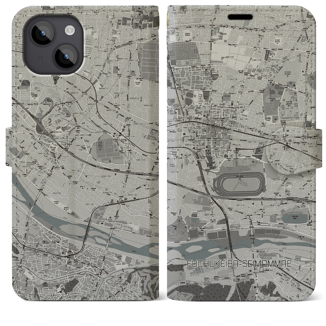 【府中競馬正門前(東京都)】地図柄iPhoneケース(手帳タイプ)モノトーン・iPhone 14 Plus 用