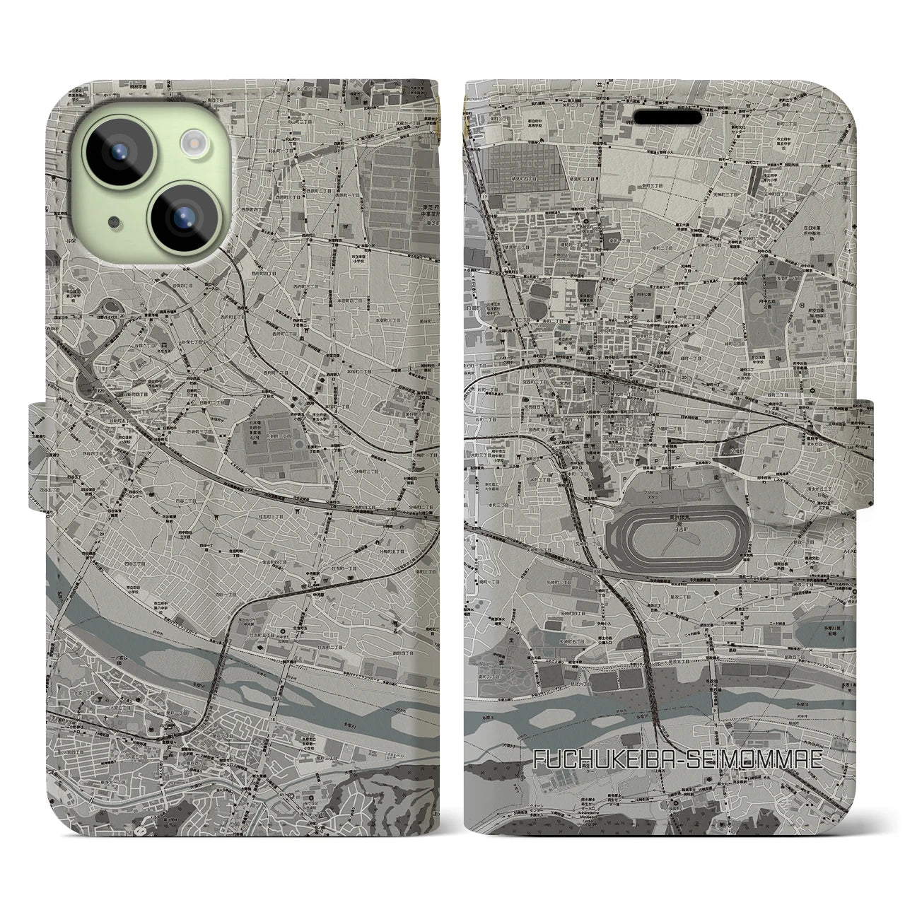 【府中競馬正門前(東京都)】地図柄iPhoneケース(手帳タイプ)モノトーン・iPhone 15 用