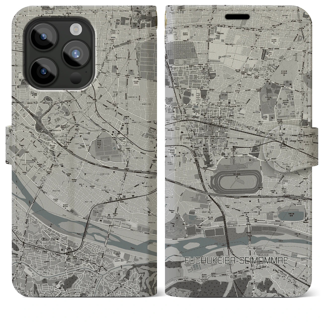 【府中競馬正門前(東京都)】地図柄iPhoneケース(手帳タイプ)モノトーン・iPhone 15 Pro Max 用