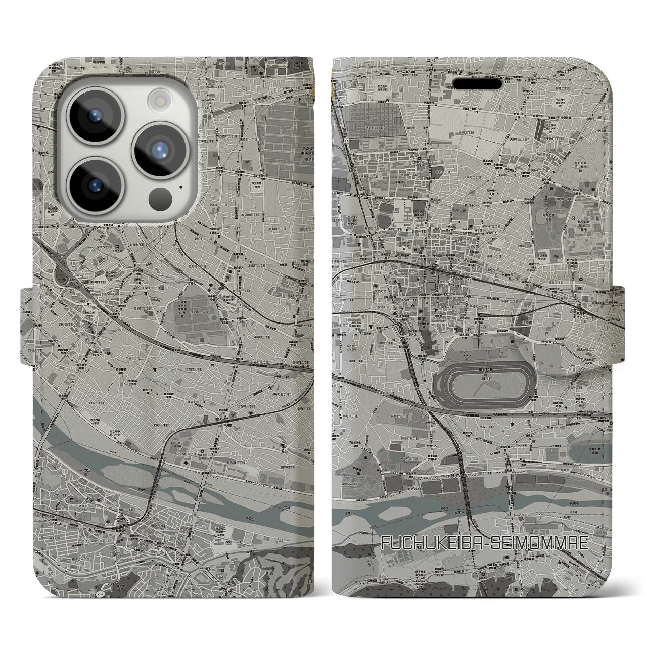 【府中競馬正門前(東京都)】地図柄iPhoneケース(手帳タイプ)モノトーン・iPhone 15 Pro 用