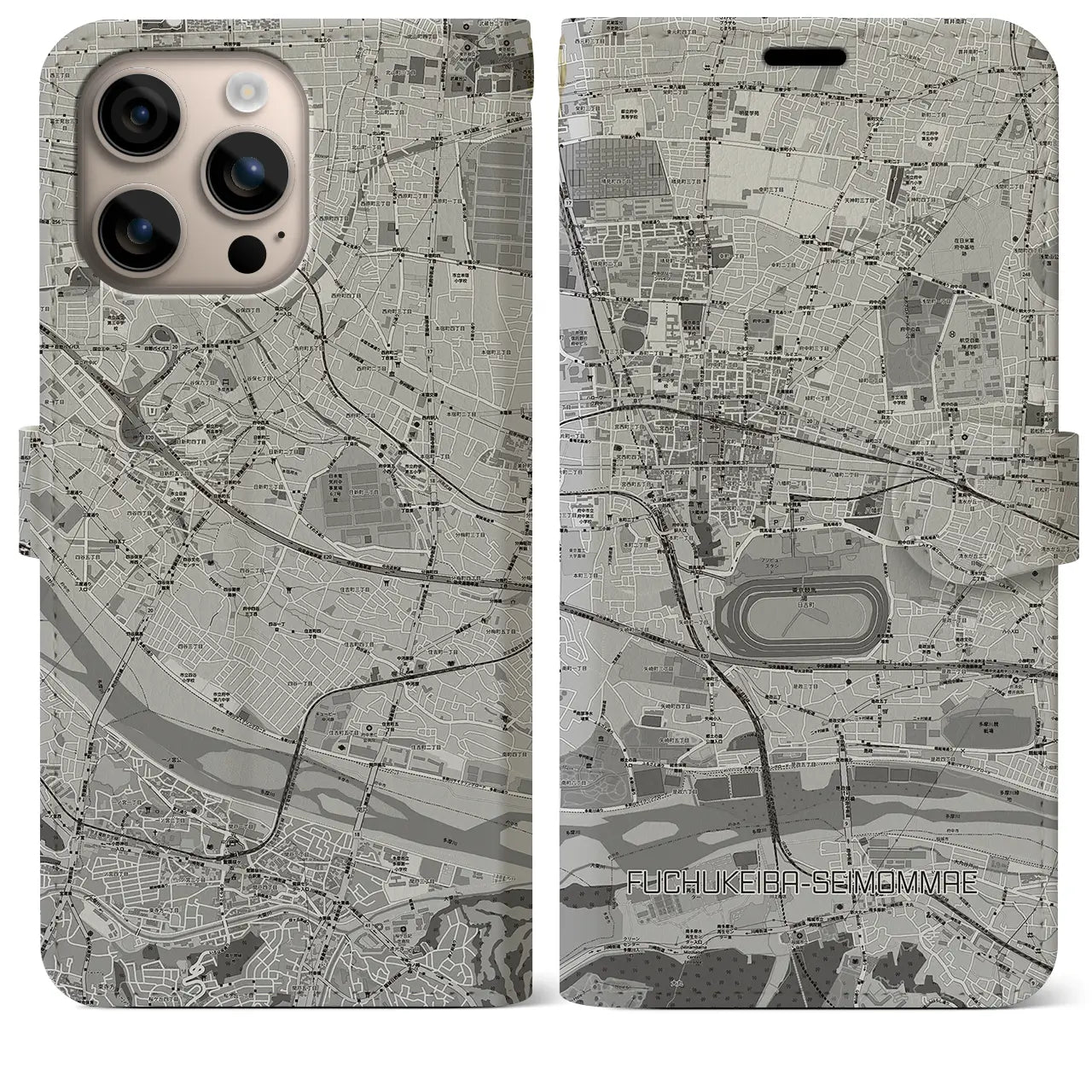 【府中競馬正門前(東京都)】地図柄iPhoneケース(手帳タイプ)モノトーン・iPhone 16 Plus 用