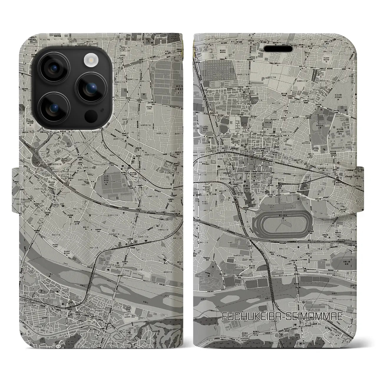 【府中競馬正門前(東京都)】地図柄iPhoneケース(手帳タイプ)モノトーン・iPhone 16 用