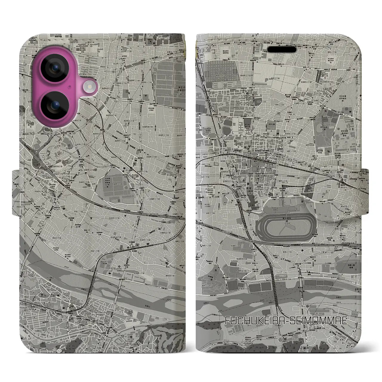 【府中競馬正門前(東京都)】地図柄iPhoneケース(手帳タイプ)モノトーン・iPhone 16 Pro 用