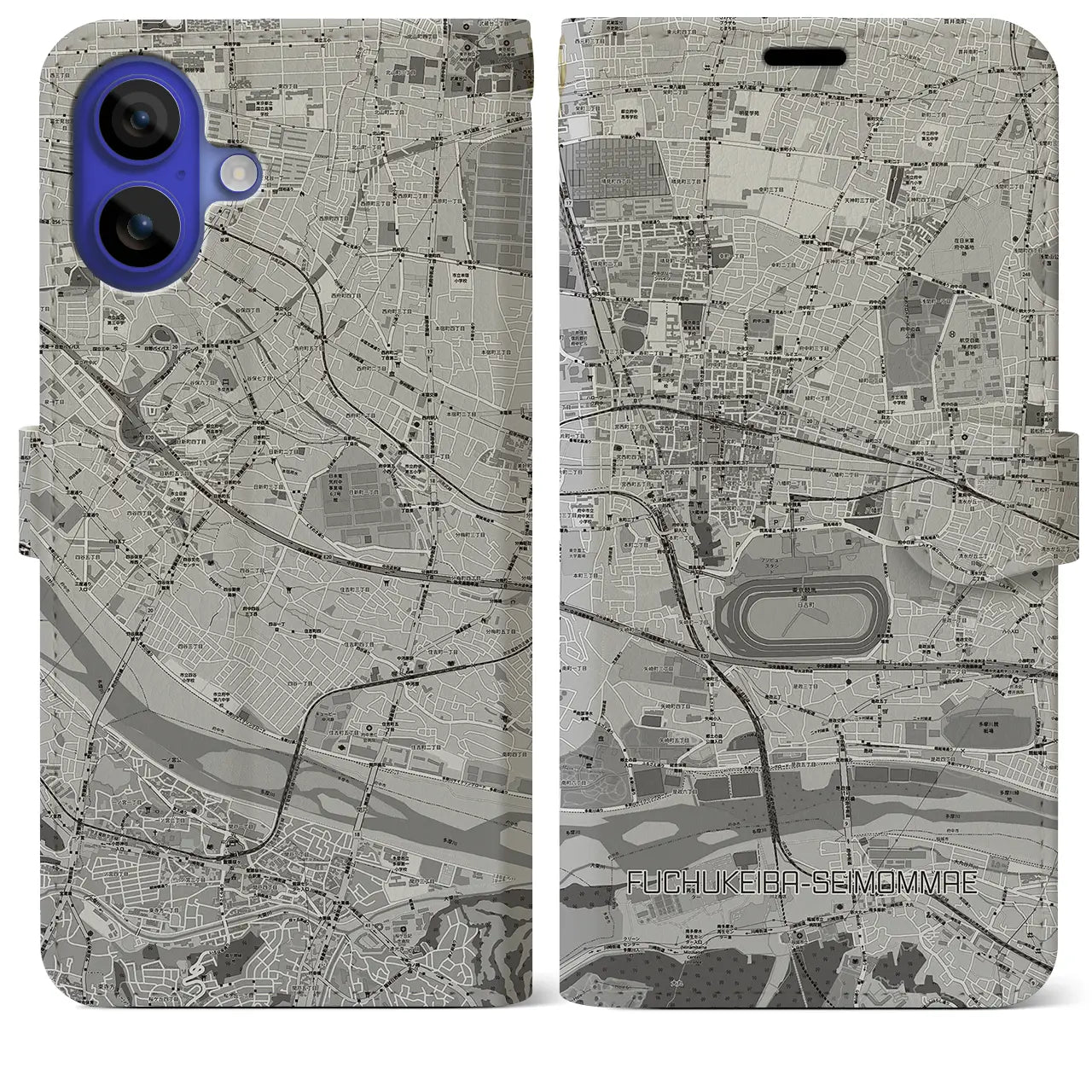 【府中競馬正門前(東京都)】地図柄iPhoneケース(手帳タイプ)モノトーン・iPhone 16 Pro Max 用