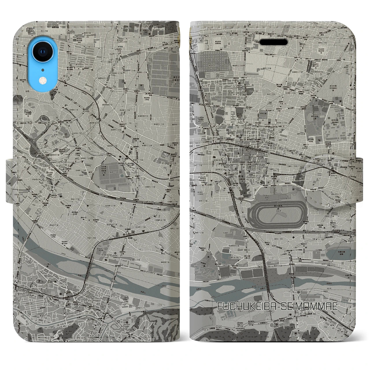 【府中競馬正門前(東京都)】地図柄iPhoneケース(手帳タイプ)モノトーン・iPhone XR 用