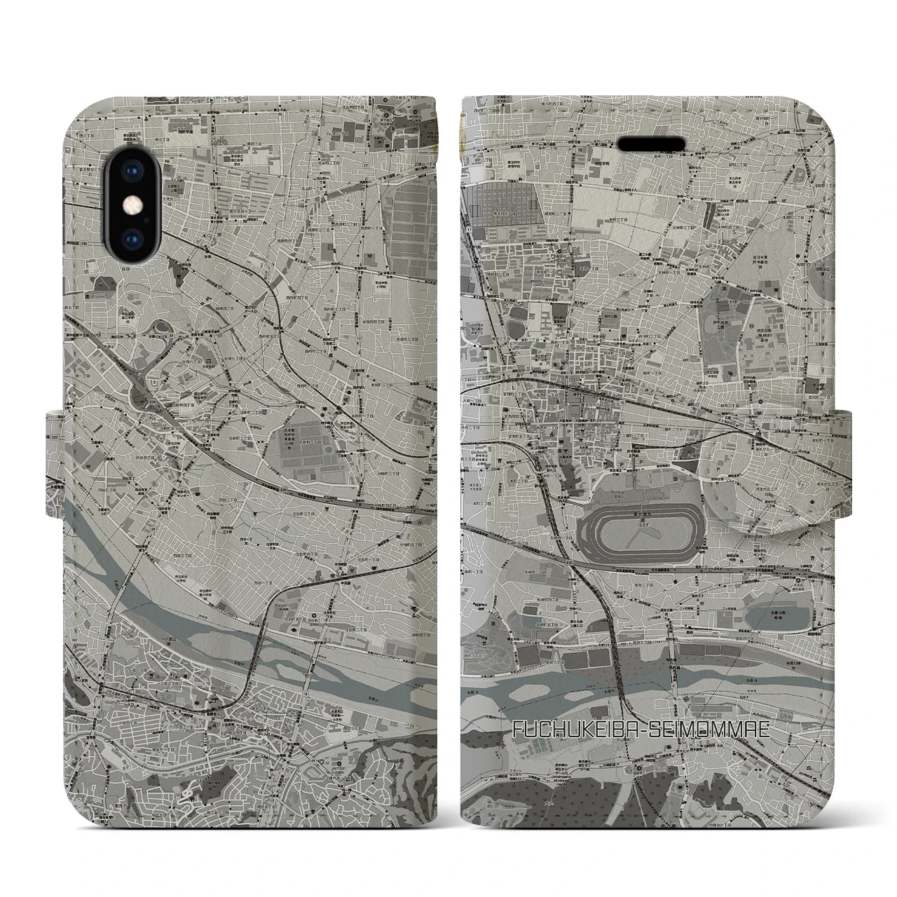 【府中競馬正門前(東京都)】地図柄iPhoneケース(手帳タイプ)モノトーン・iPhone XS / X 用