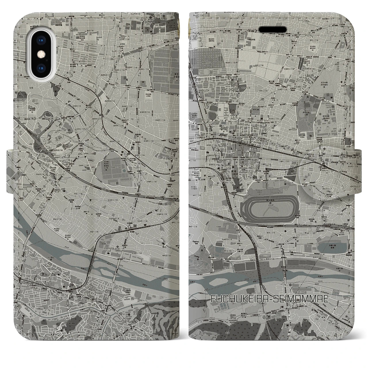 【府中競馬正門前(東京都)】地図柄iPhoneケース(手帳タイプ)モノトーン・iPhone XS Max 用