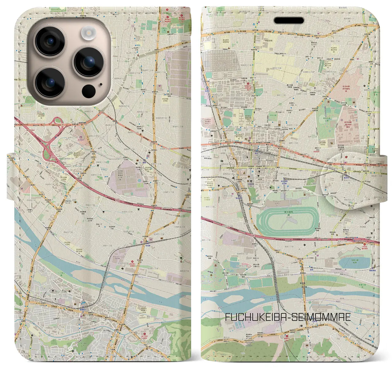 【府中競馬正門前(東京都)】地図柄iPhoneケース(手帳タイプ)ナチュラル・iPhone 16 Plus 用