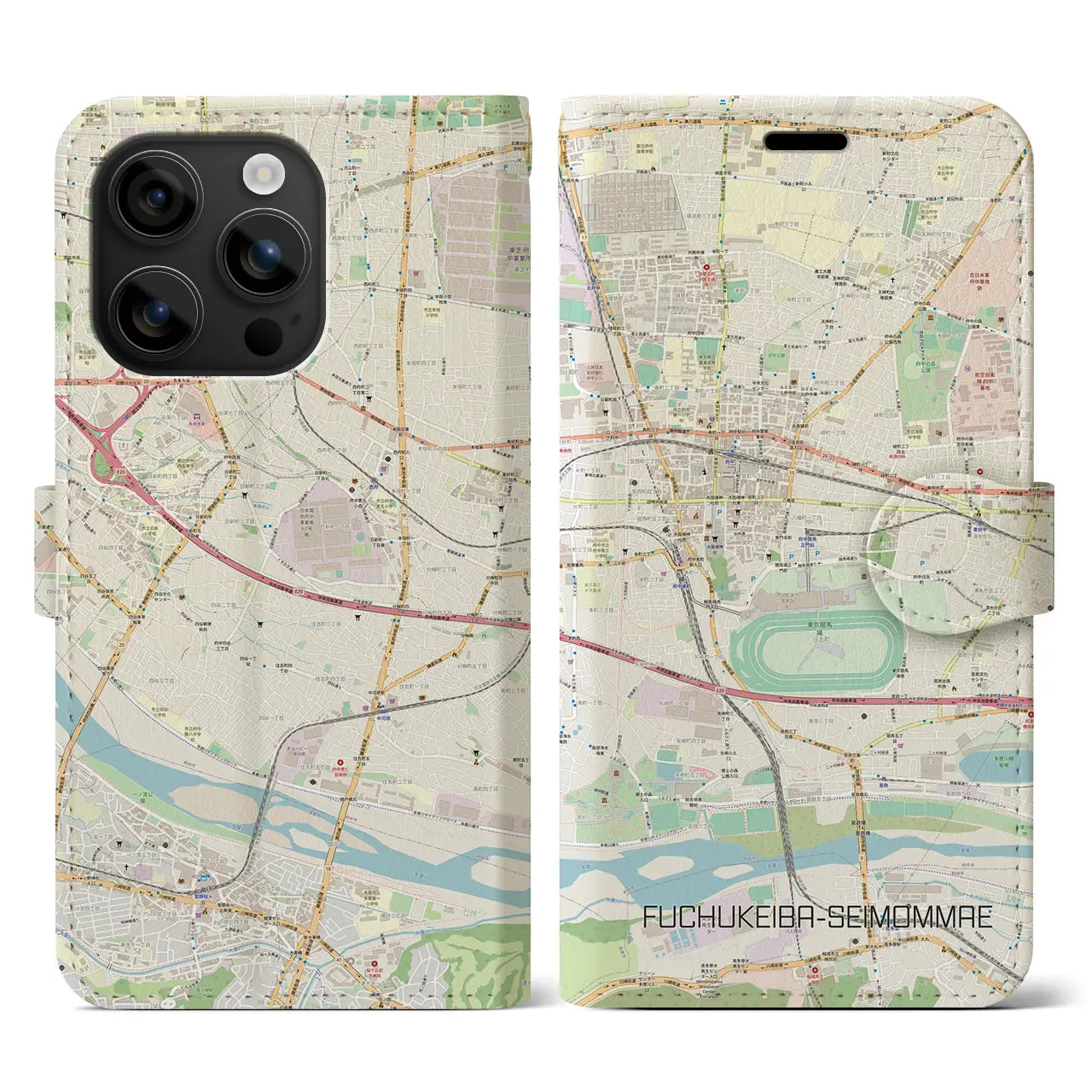 【府中競馬正門前(東京都)】地図柄iPhoneケース(手帳タイプ)ナチュラル・iPhone 16 用