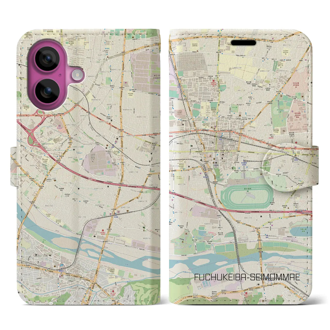 【府中競馬正門前(東京都)】地図柄iPhoneケース(手帳タイプ)ナチュラル・iPhone 16 Pro 用