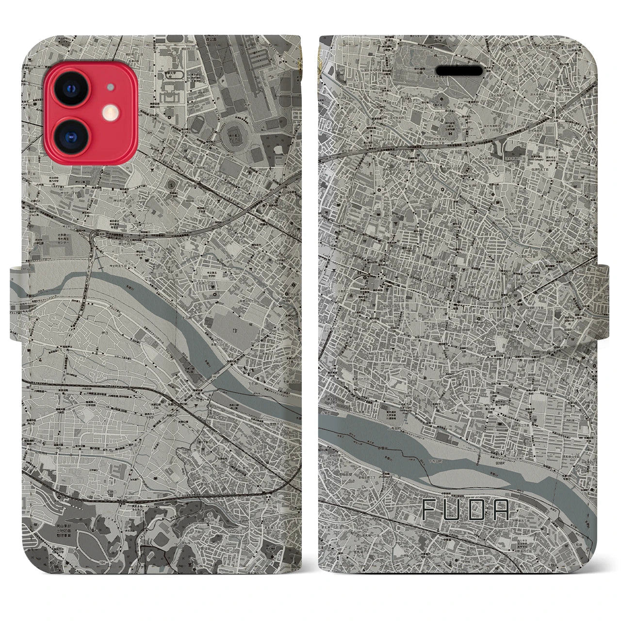 【布田(東京都)】地図柄iPhoneケース(手帳タイプ)モノトーン・iPhone 11 用