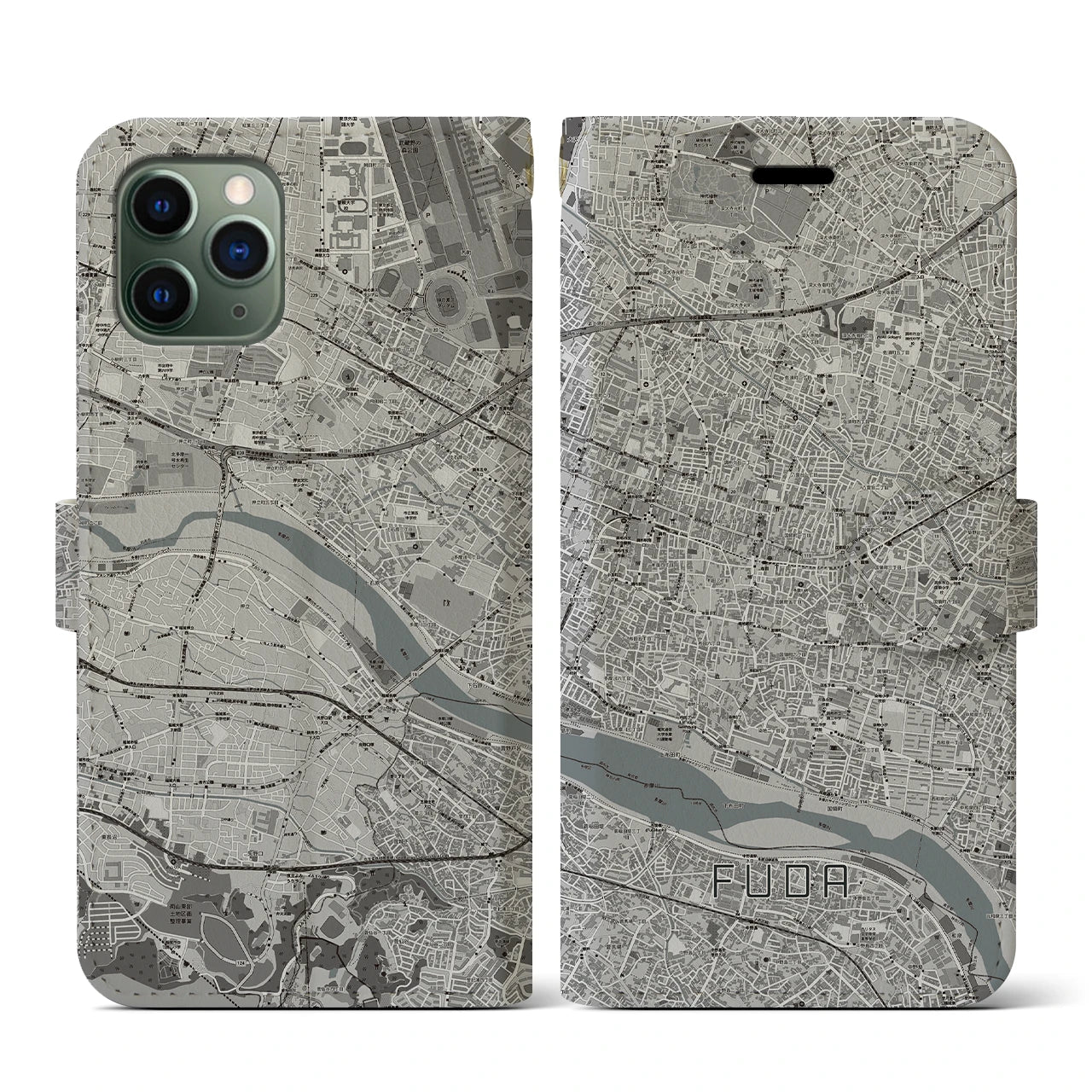 【布田(東京都)】地図柄iPhoneケース(手帳タイプ)モノトーン・iPhone 11 Pro 用