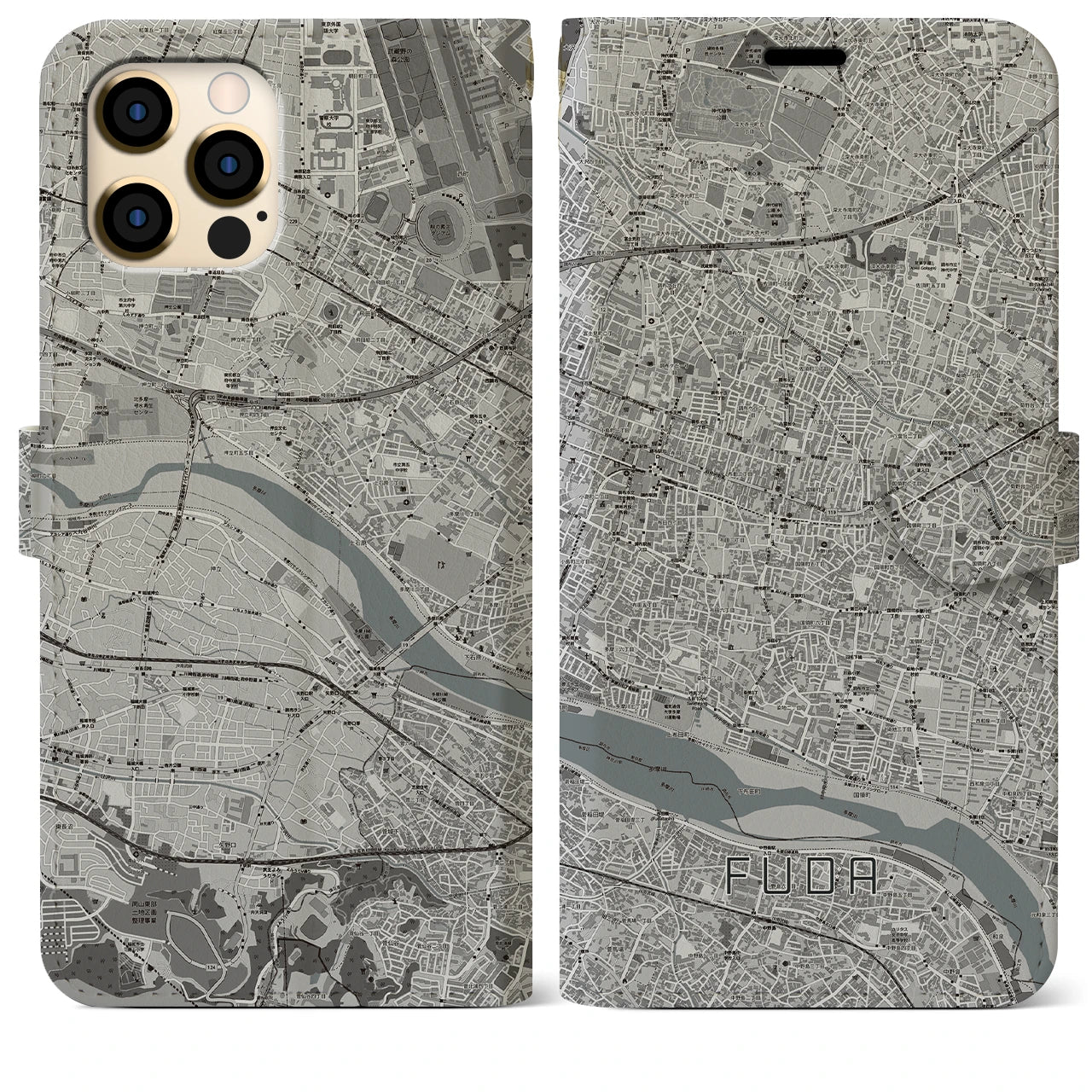 【布田(東京都)】地図柄iPhoneケース(手帳タイプ)モノトーン・iPhone 12 Pro Max 用