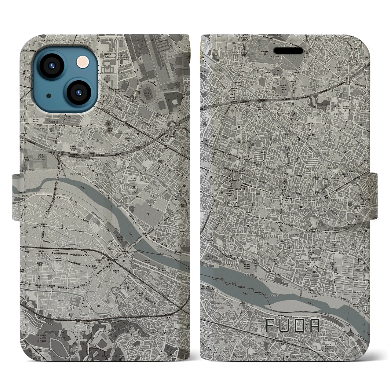 【布田(東京都)】地図柄iPhoneケース(手帳タイプ)モノトーン・iPhone 13 用