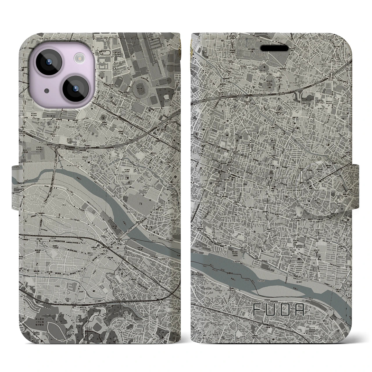 【布田(東京都)】地図柄iPhoneケース(手帳タイプ)モノトーン・iPhone 14 用