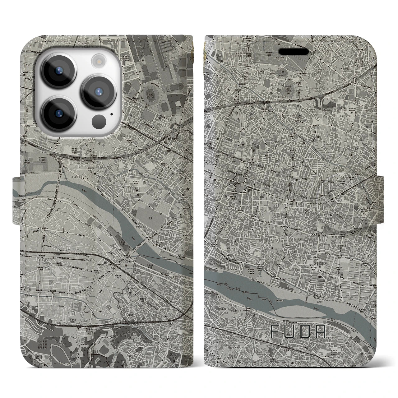 【布田(東京都)】地図柄iPhoneケース(手帳タイプ)モノトーン・iPhone 14 Pro 用