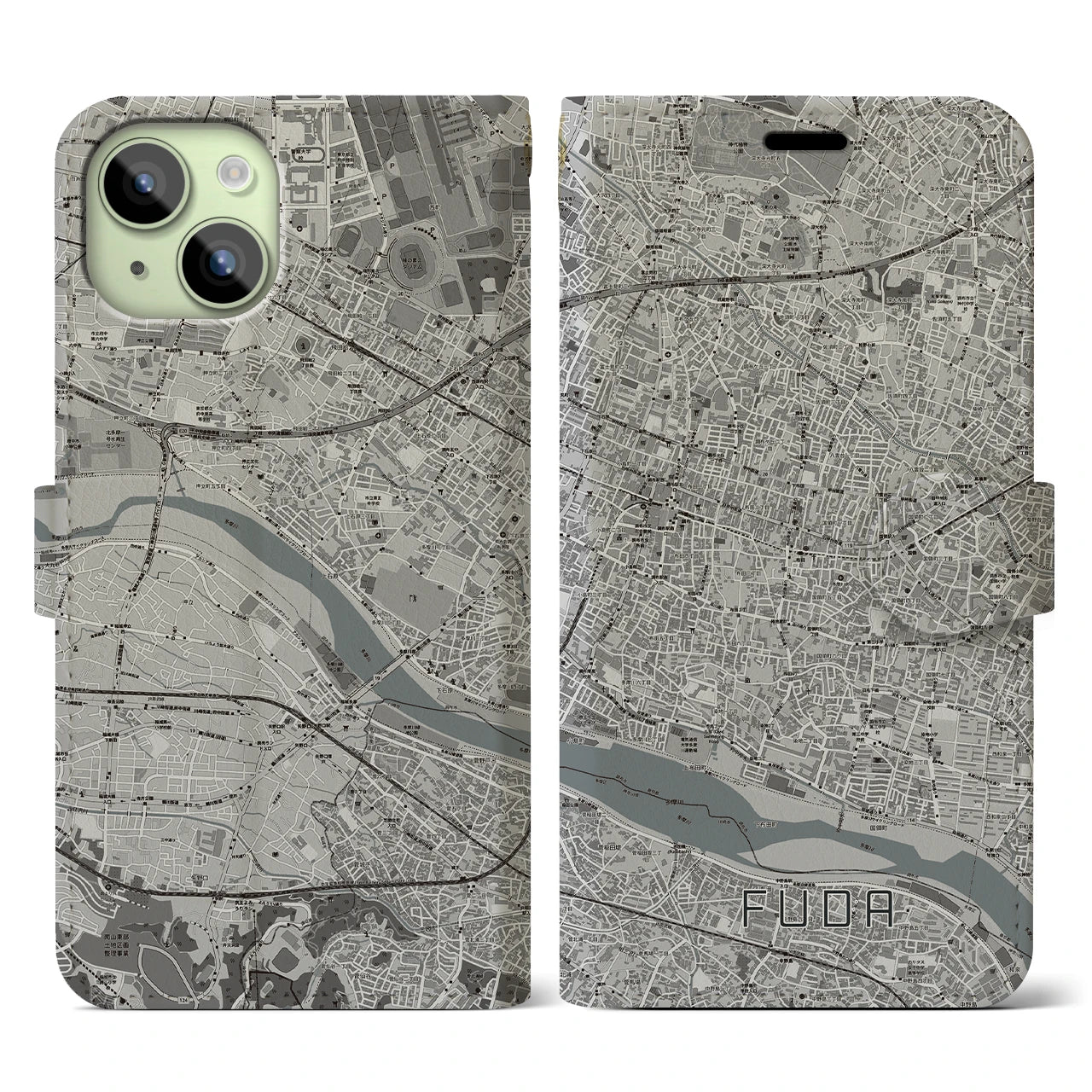 【布田(東京都)】地図柄iPhoneケース(手帳タイプ)モノトーン・iPhone 15 用