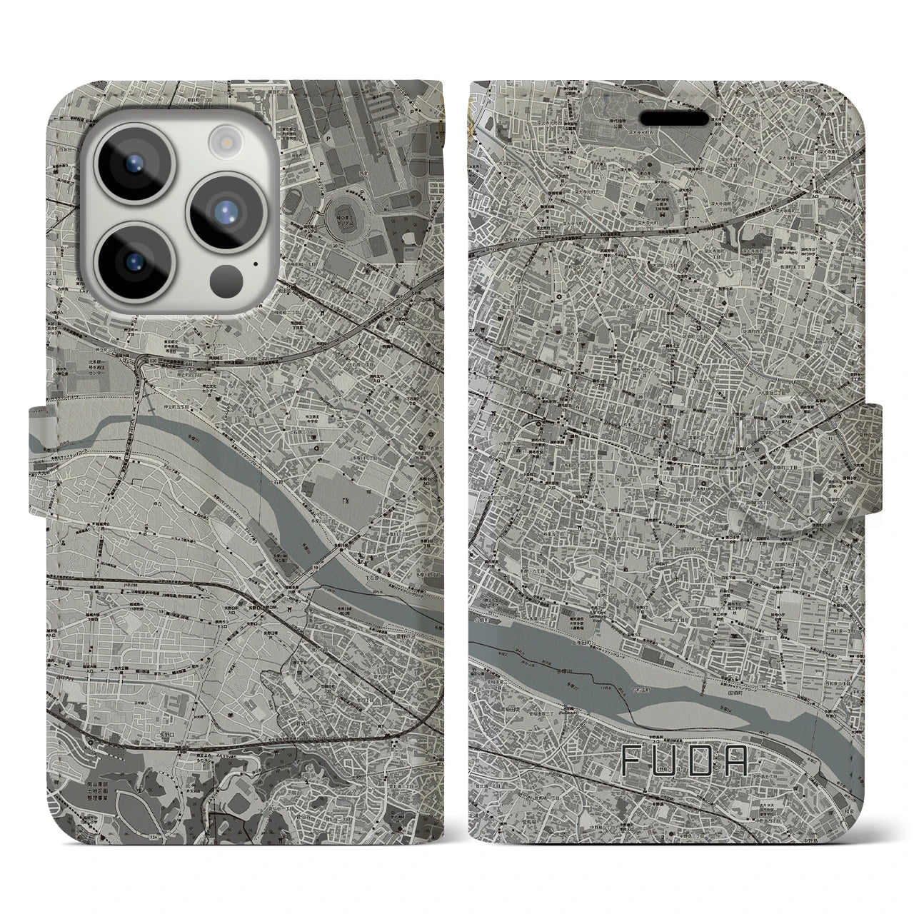 【布田(東京都)】地図柄iPhoneケース(手帳タイプ)モノトーン・iPhone 15 Pro 用