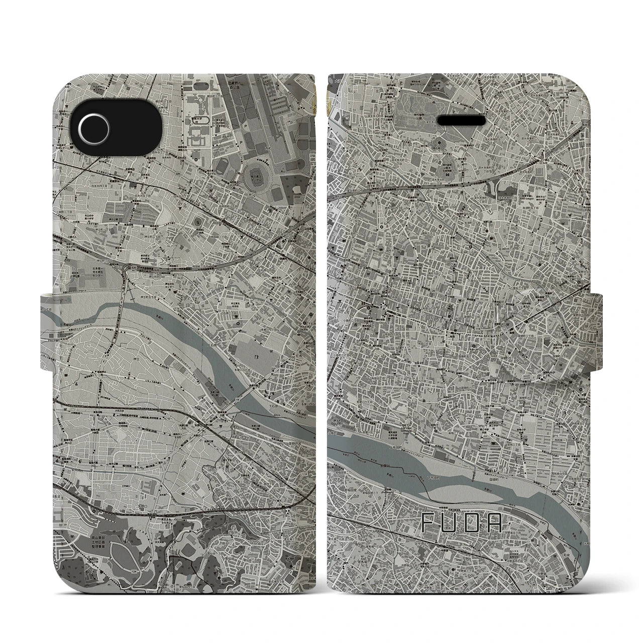 【布田(東京都)】地図柄iPhoneケース(手帳タイプ)モノトーン・iPhone SE(第3 / 第2世代) / 8 / 7 / 6s / 6 用