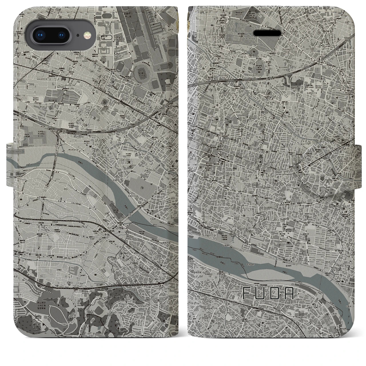 【布田(東京都)】地図柄iPhoneケース(手帳タイプ)モノトーン・iPhone 8Plus /7Plus / 6sPlus / 6Plus 用