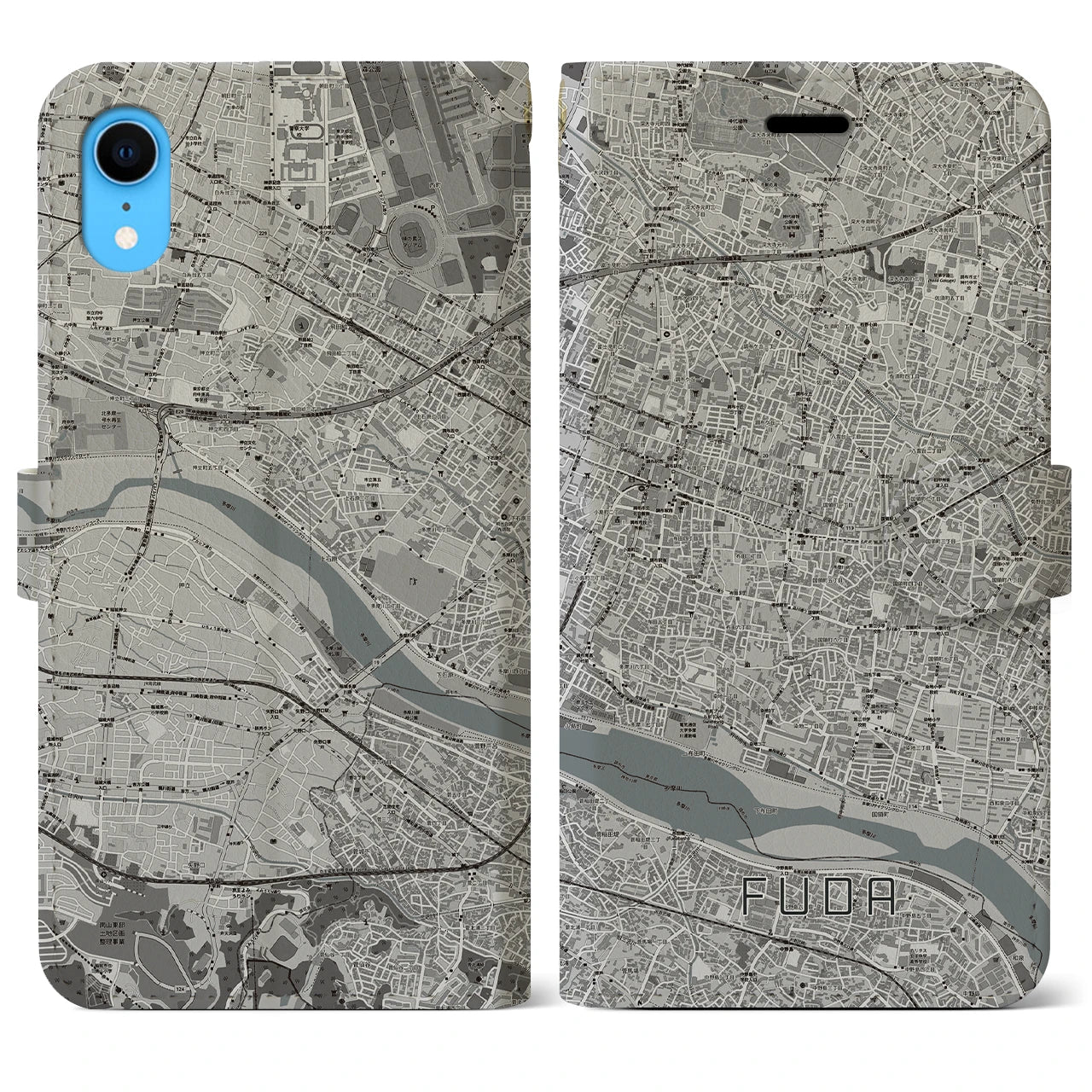 【布田(東京都)】地図柄iPhoneケース(手帳タイプ)モノトーン・iPhone XR 用
