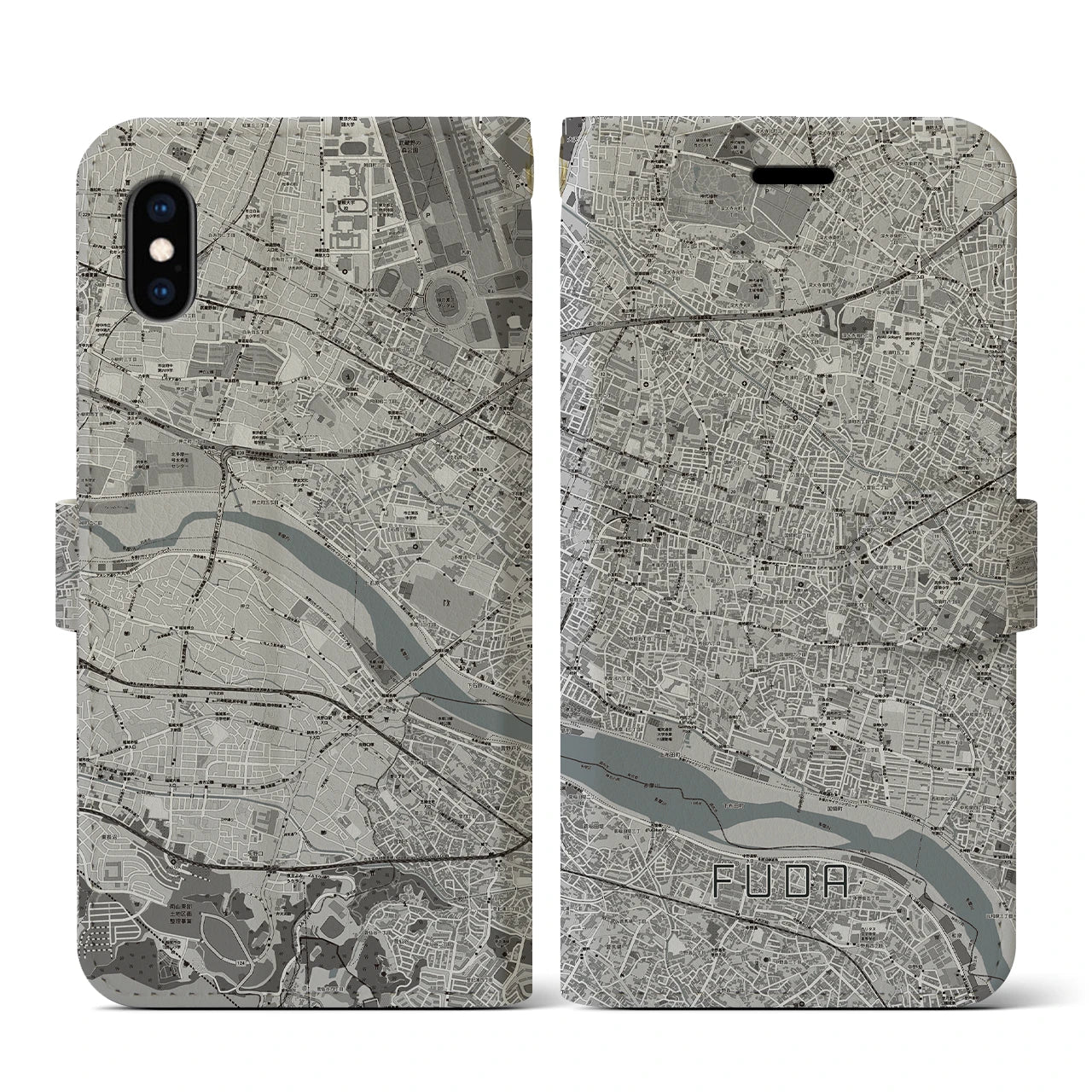 【布田(東京都)】地図柄iPhoneケース(手帳タイプ)モノトーン・iPhone XS / X 用