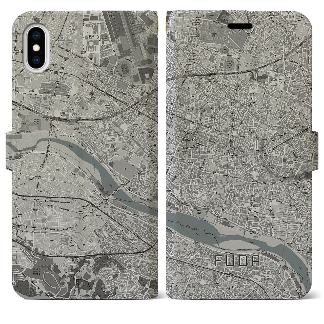 【布田(東京都)】地図柄iPhoneケース(手帳タイプ)モノトーン・iPhone XS Max 用