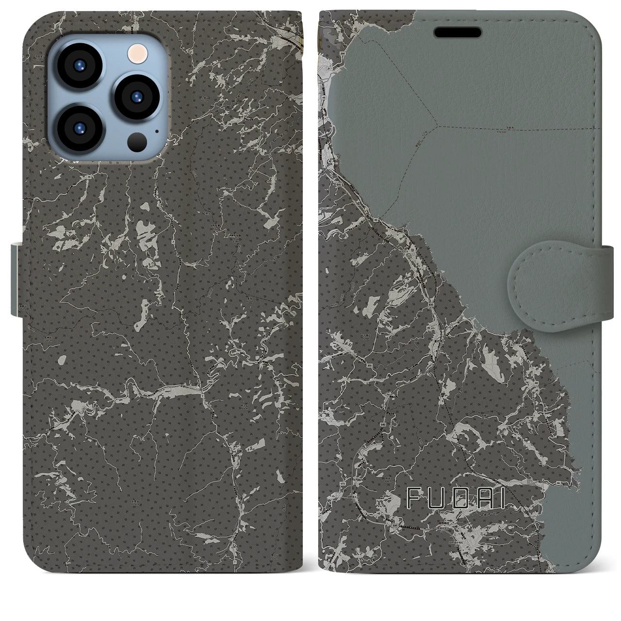 【普代(岩手県)】地図柄iPhoneケース(手帳タイプ)モノトーン・iPhone 13 Pro Max 用